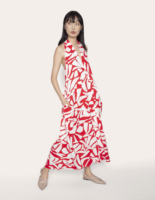 Vestido longo amplo estampado Fl etnico vermelho