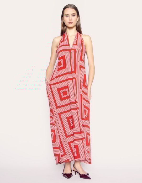 Vestido longo amplo estampado Geo ocre
