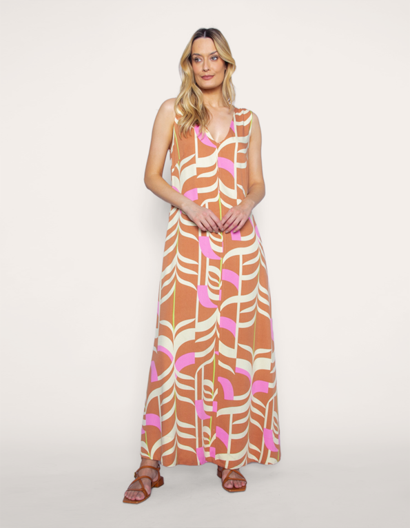 Vestido longo amplo estampado Marrom/rosa