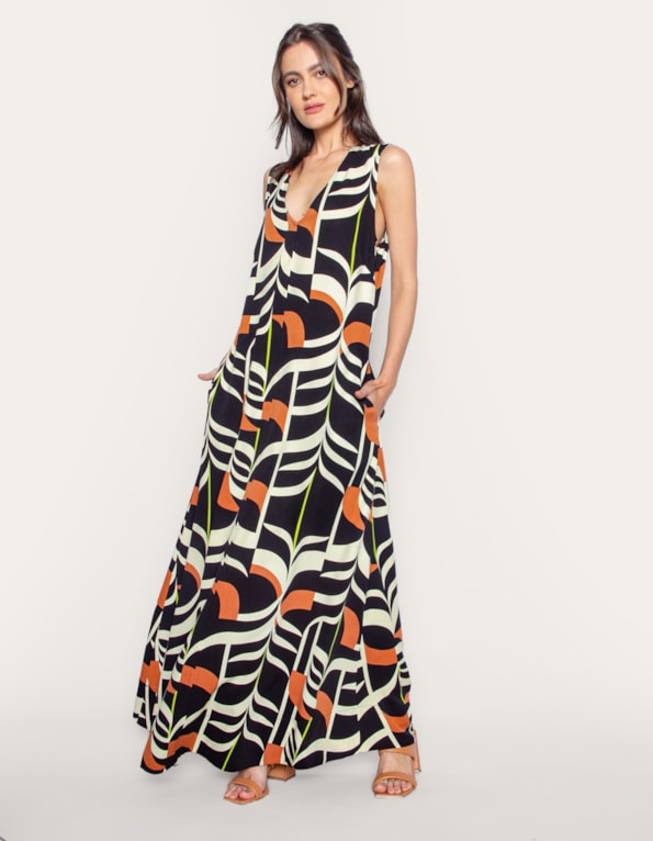 Vestido longo amplo estampado Preto/marrom