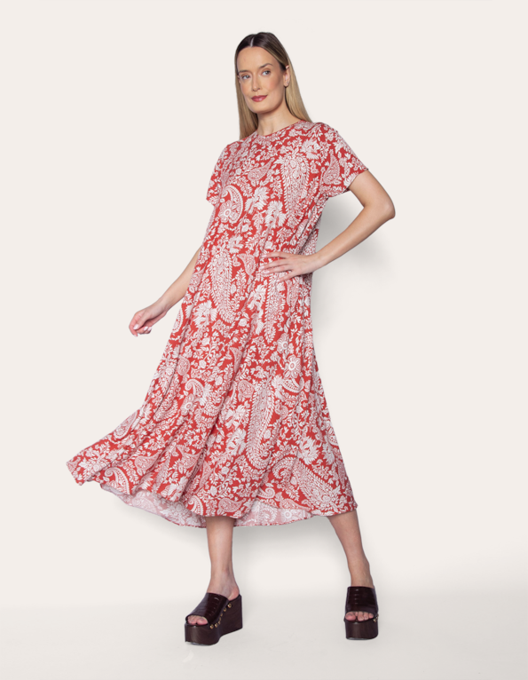 Vestido longo amplo floral ocre