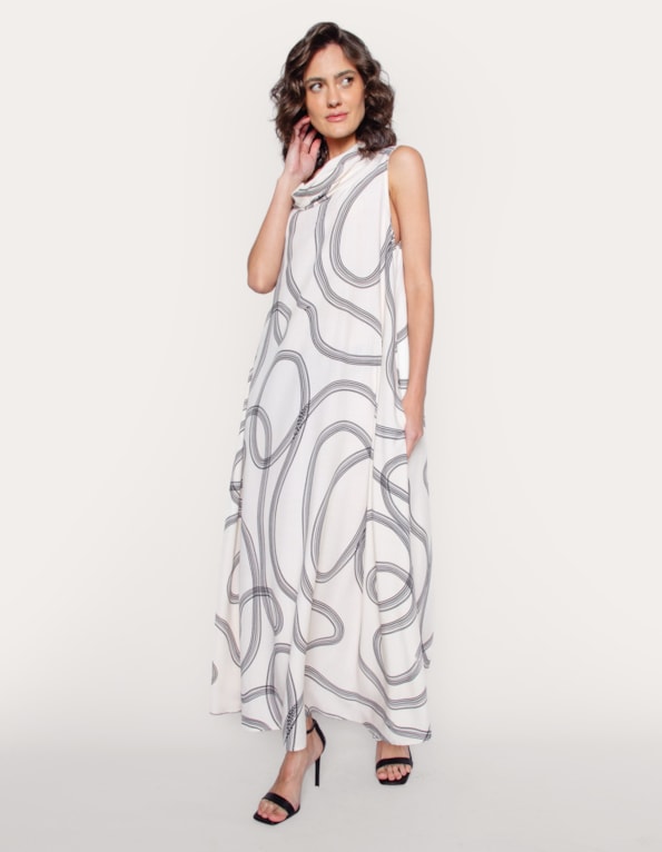 Vestido longo amplo gola boba estampado Bege claro