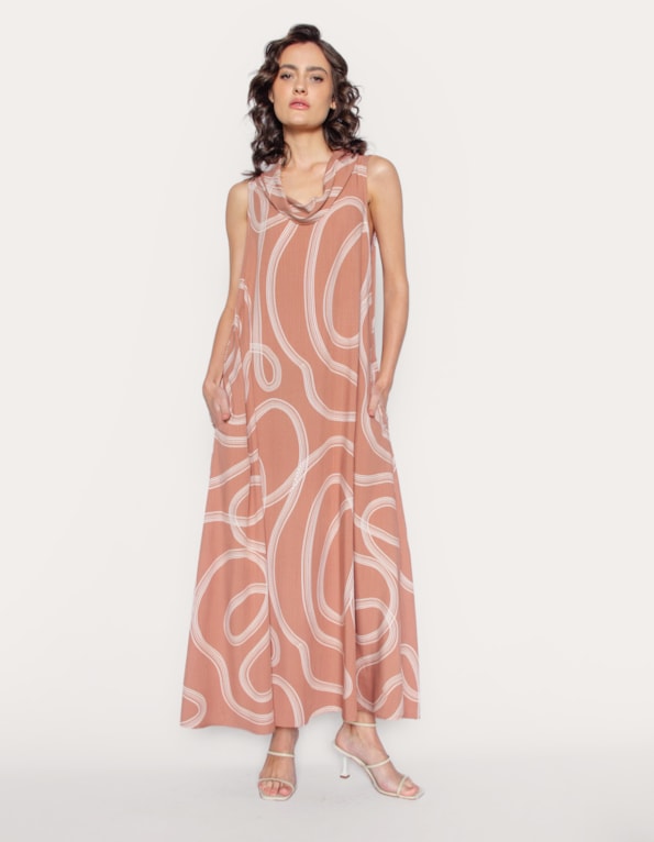 Vestido longo amplo gola boba estampado Marrom claro