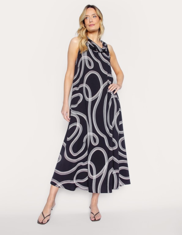 Vestido longo amplo gola boba estampado Preto