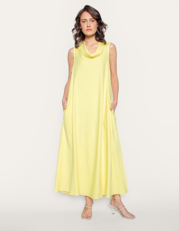 Vestido longo amplo gola boba linho blend Amarelo