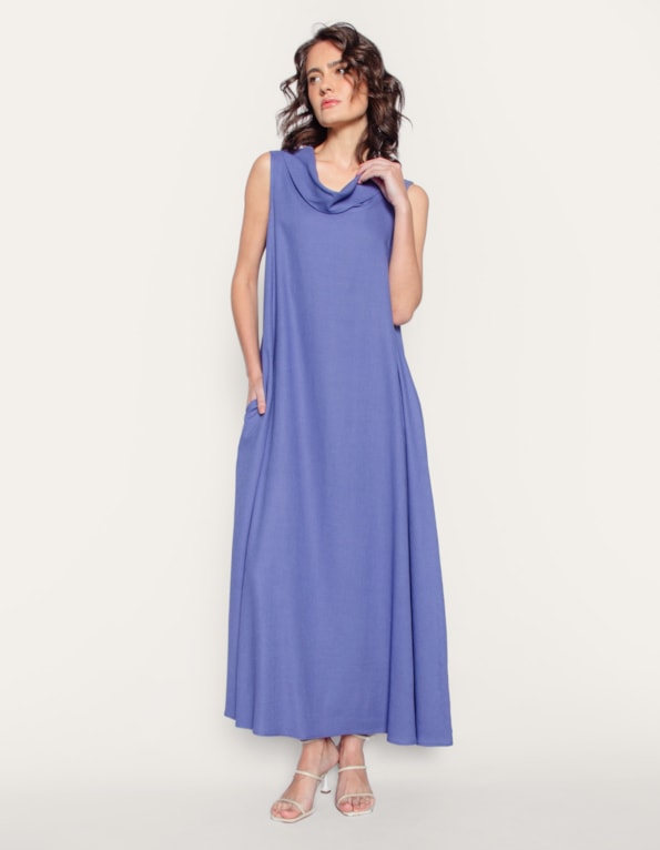Vestido longo amplo gola boba linho blend Azul