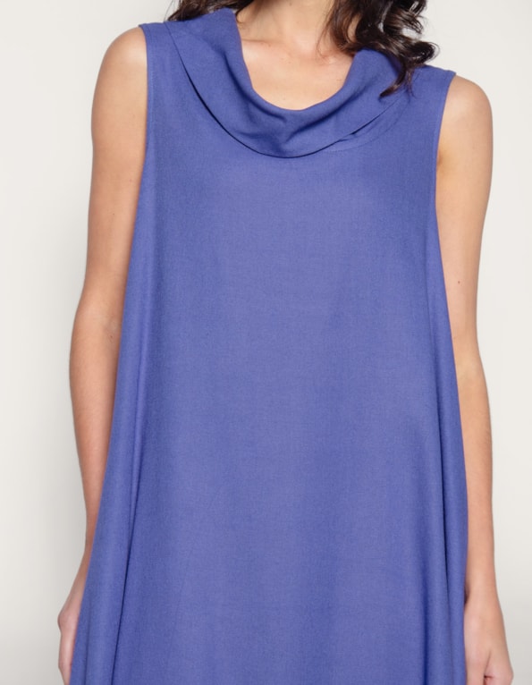 Vestido longo amplo gola boba linho blend Azul
