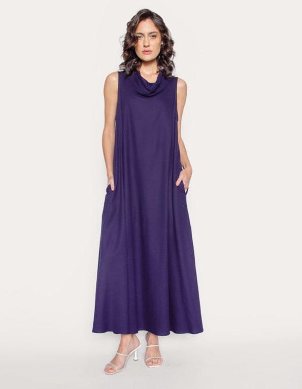 Vestido longo amplo gola boba linho blend Azul escuro