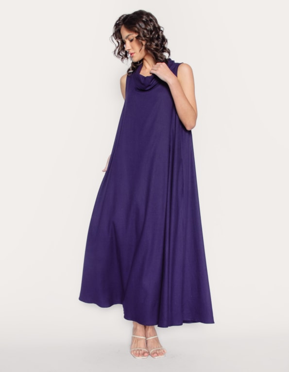 Vestido longo amplo gola boba linho blend Azul escuro