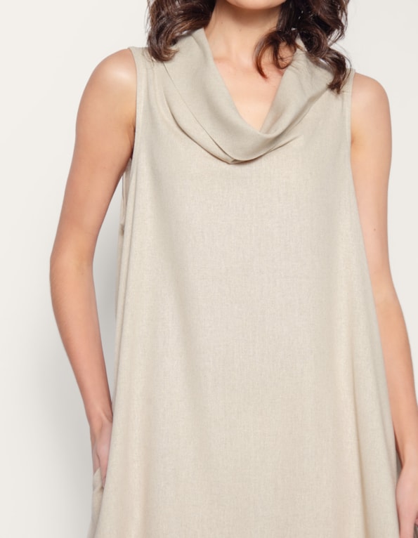 Vestido longo amplo gola boba linho blend Bege