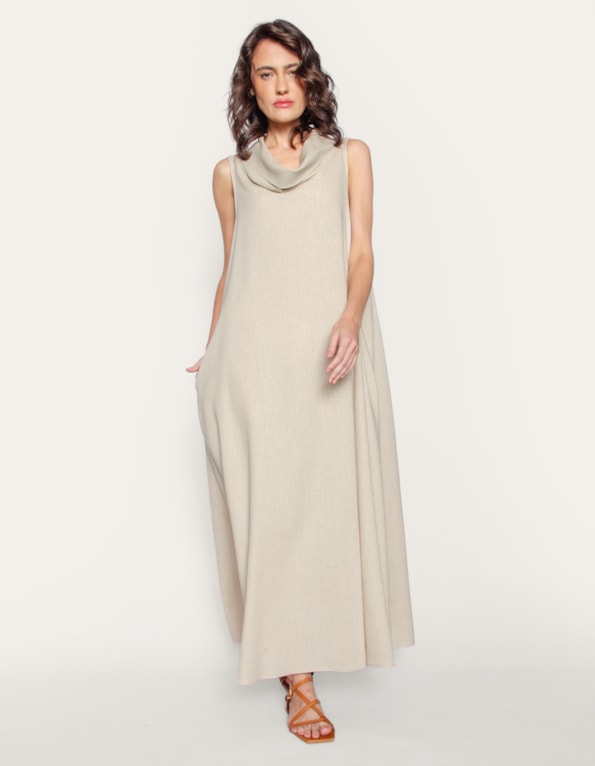 Vestido longo amplo gola boba linho blend Bege