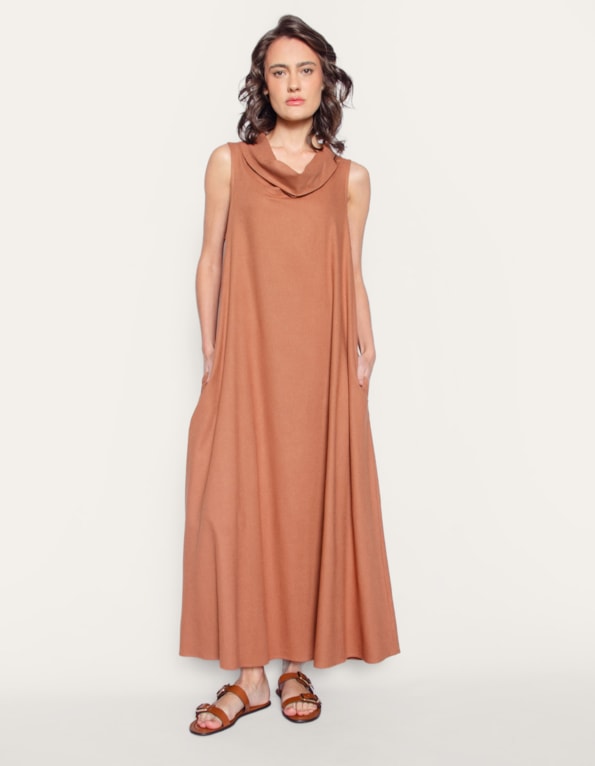 Vestido longo amplo gola boba linho blend Marrom