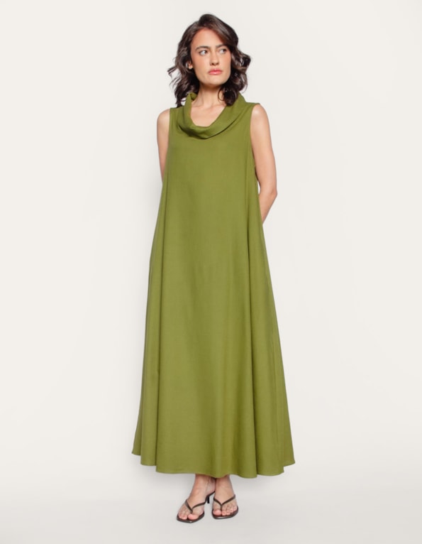 Vestido longo amplo gola boba linho blend Oliva escuro