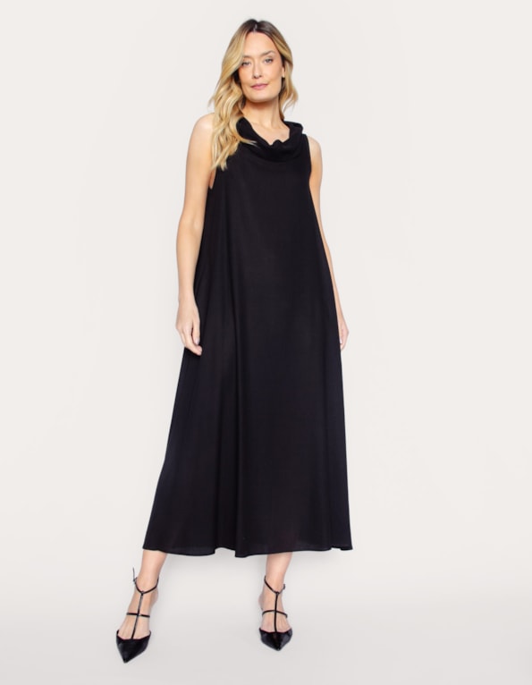 Vestido longo amplo gola boba linho blend Preto