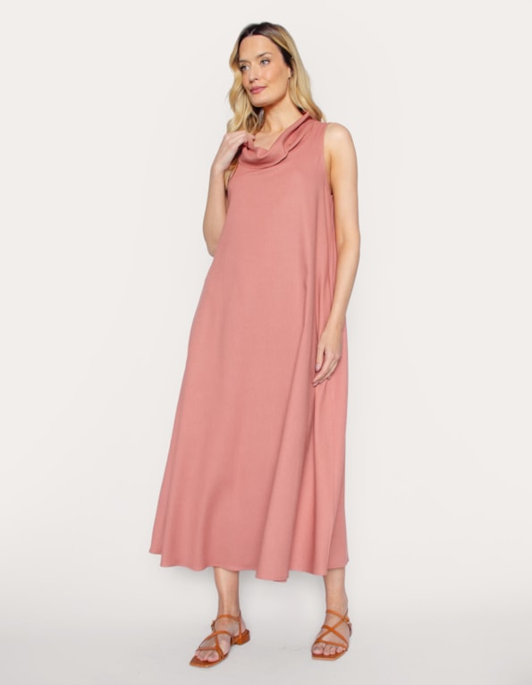 Vestido longo amplo gola boba linho blend Rosa medio