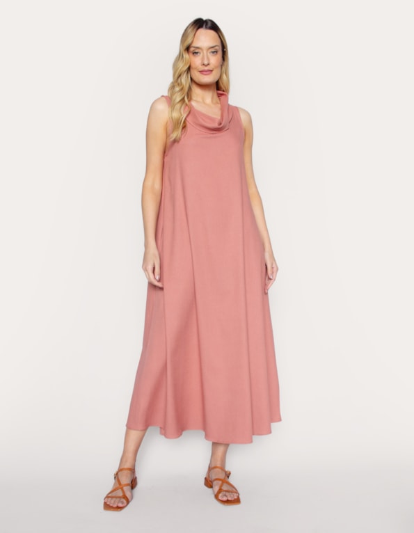 Vestido longo amplo gola boba linho blend Rosa medio