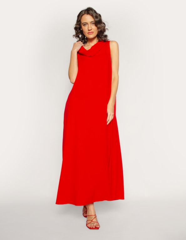 Vestido longo amplo gola boba linho blend Vermelho