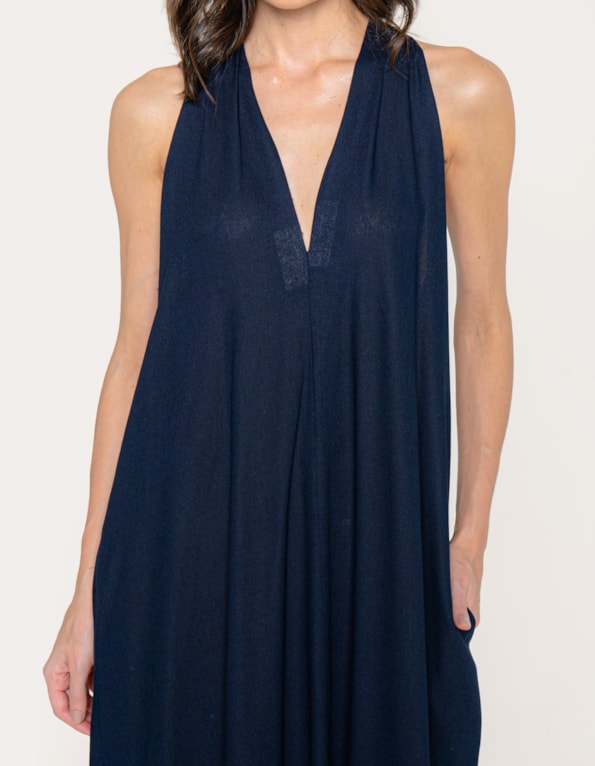 Vestido longo amplo linho blend Azul escuro