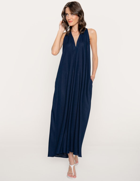 Vestido longo amplo linho blend Azul escuro