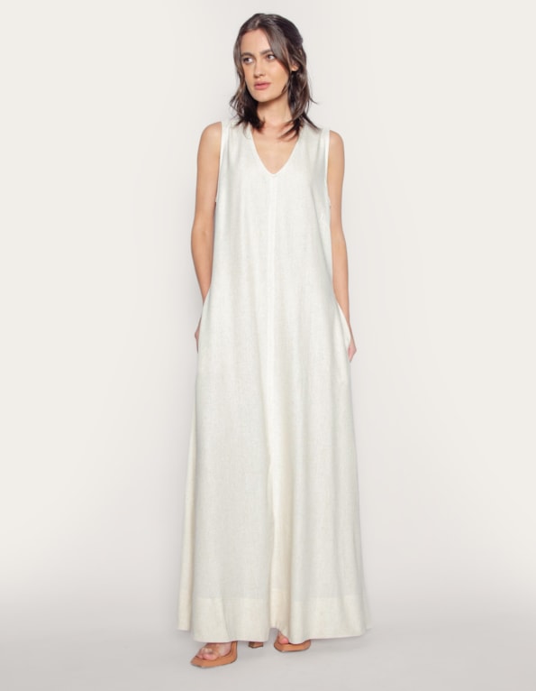 Vestido longo amplo linho blend Bege claro