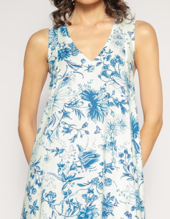 Vestido longo amplo linho blend estampado
