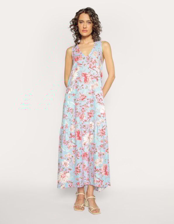 Vestido longo amplo linho blend estampado