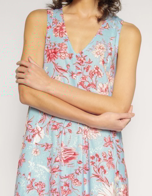 Vestido longo amplo linho blend estampado Azul claro/rosa escuro