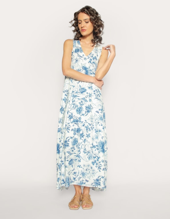 Vestido longo amplo linho blend estampado Off white/azul escuro