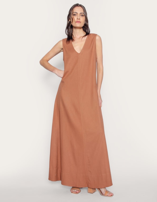Vestido longo amplo linho blend Marrom