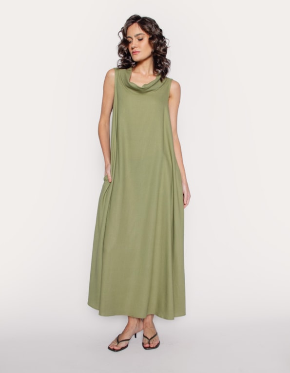 Vestido longo amplo linho blend Oliva claro