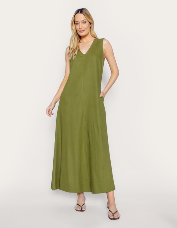 Vestido longo amplo linho blend Oliva escuro