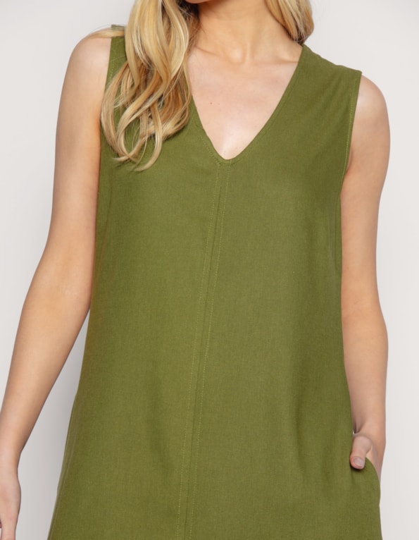 Vestido longo amplo linho blend Oliva escuro