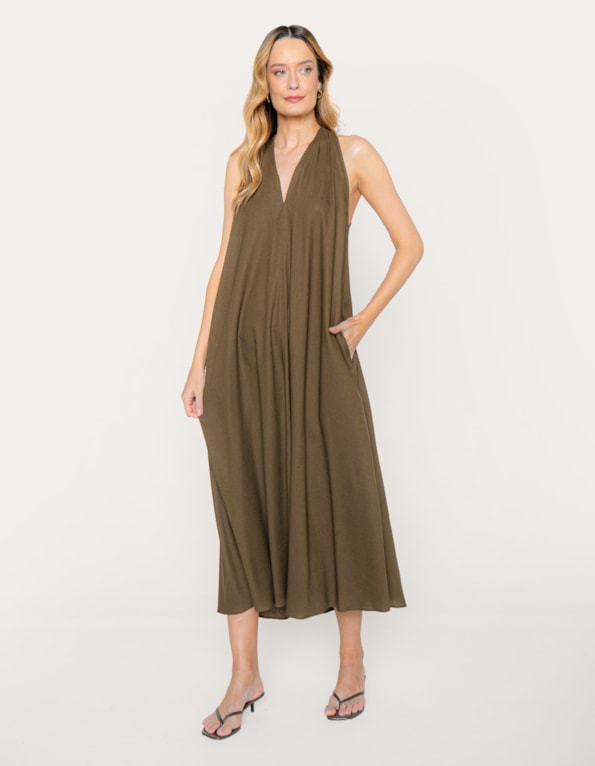 Vestido longo amplo linho blend Oliva escuro