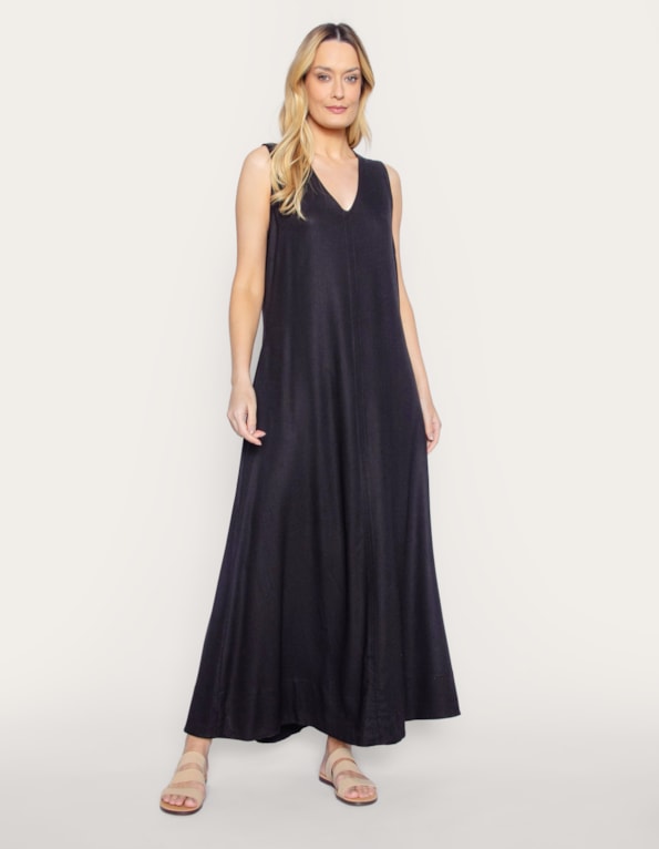 Vestido longo amplo linho blend Preto