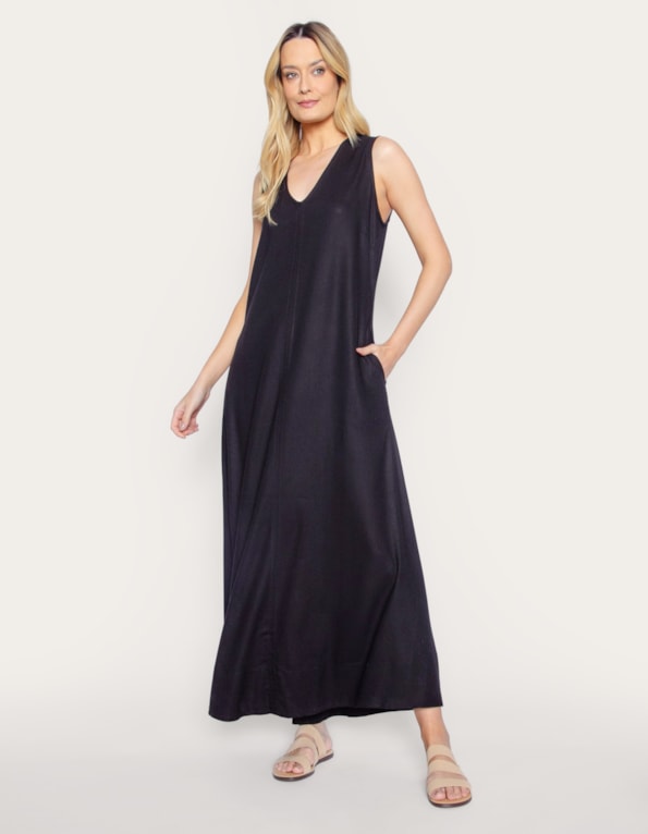 Vestido longo amplo linho blend Preto