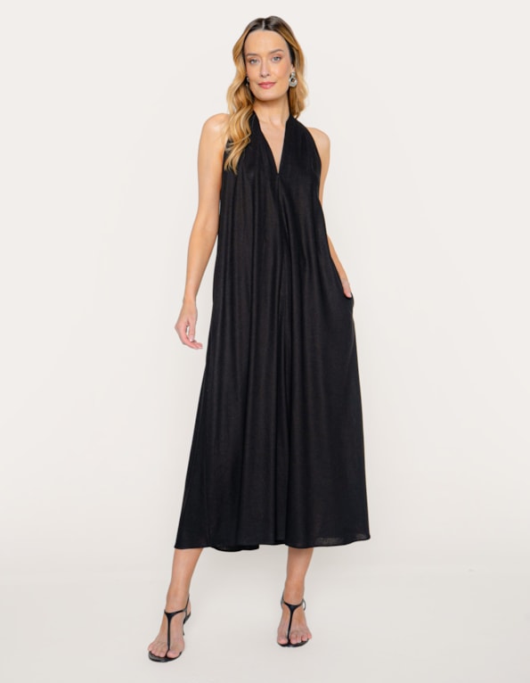 Vestido longo amplo linho blend Preto