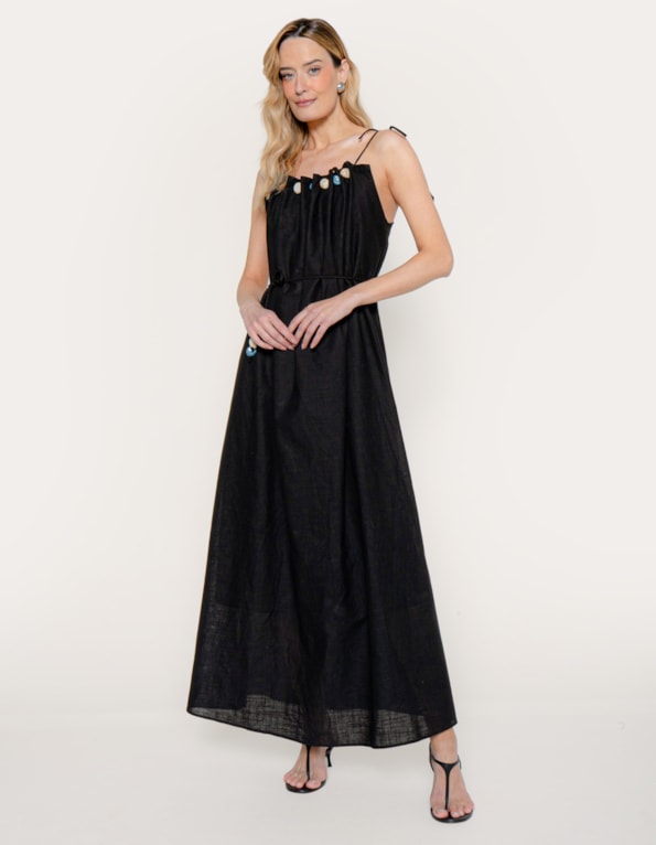 Vestido longo aplicação pedras Preto