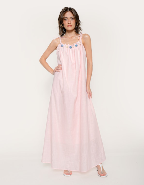 Vestido longo aplicação pedras Rosa claro