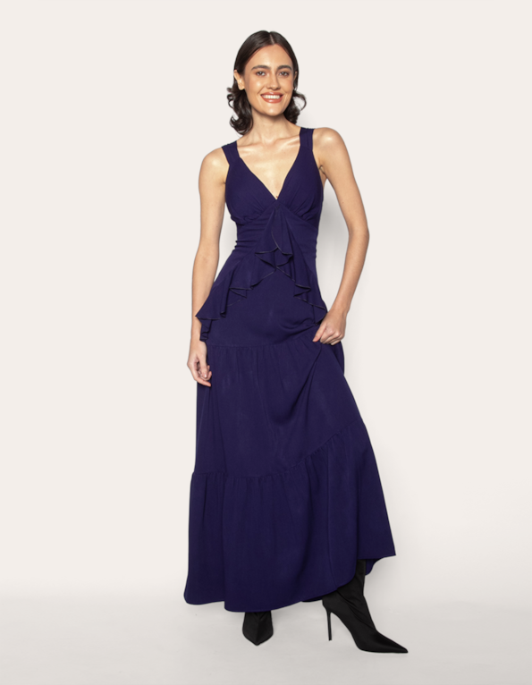 Vestido longo babados Azul escuro