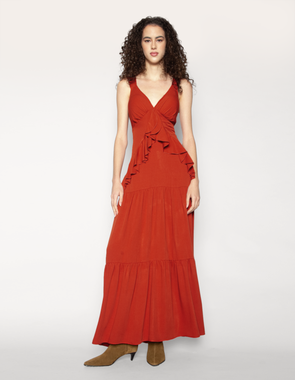 Vestido longo babados Laranja escuro