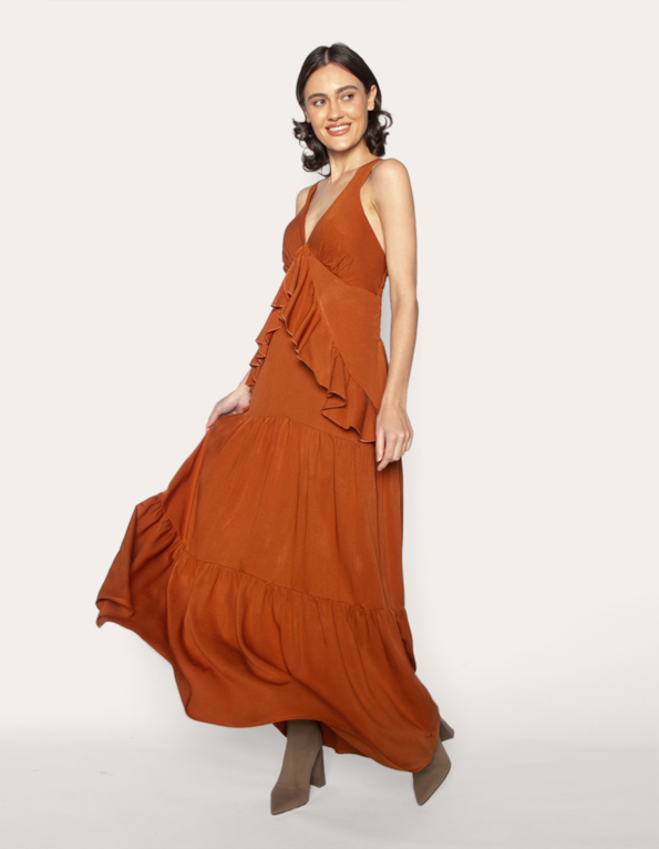 Vestido longo babados Marrom