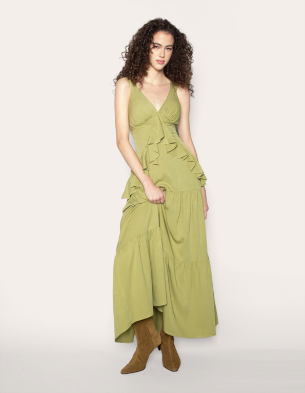 Vestido longo babados Oliva claro