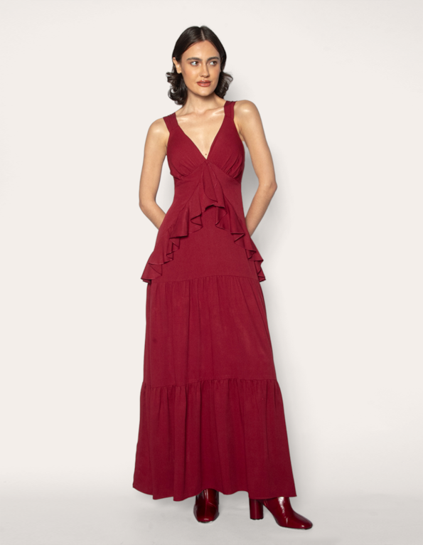 Vestido longo babados Vermelho escuro