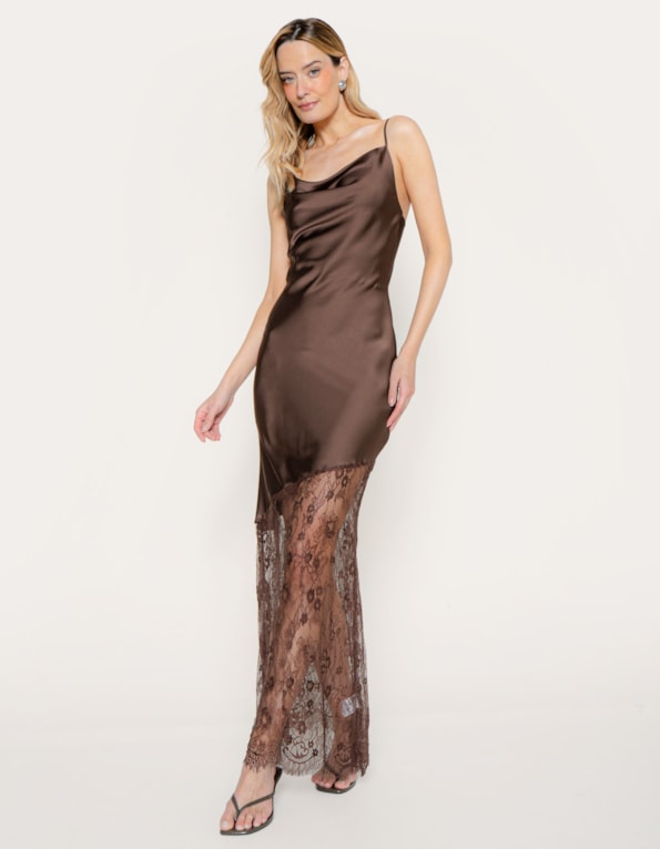 Vestido longo barra renda Marrom escuro