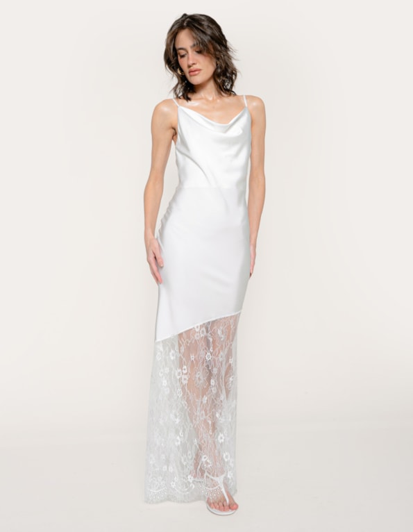 Vestido longo barra renda Off white