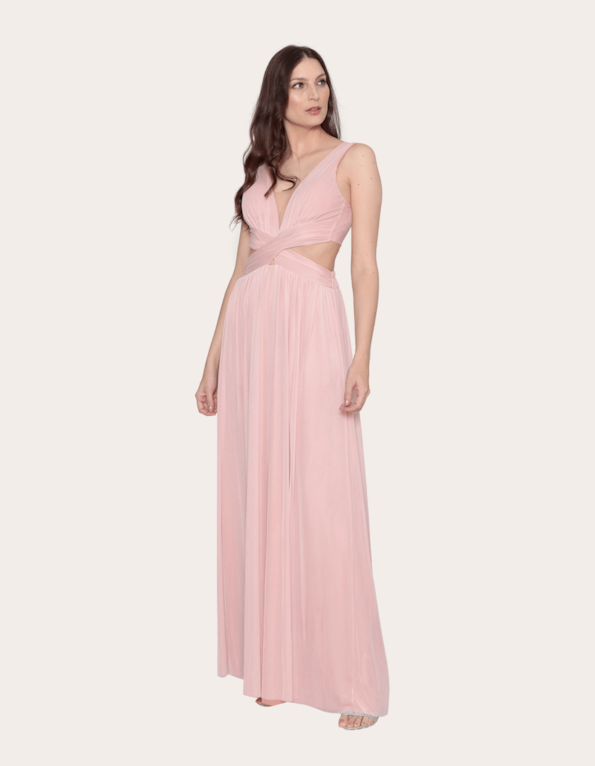 Vestido longo cavado tule cós cruzado Rose