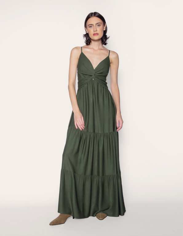 Vestido longo com recorte e alças finas militar