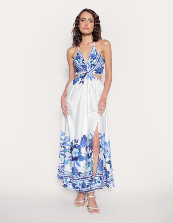 Vestido longo cut estampado Off white/azul medio