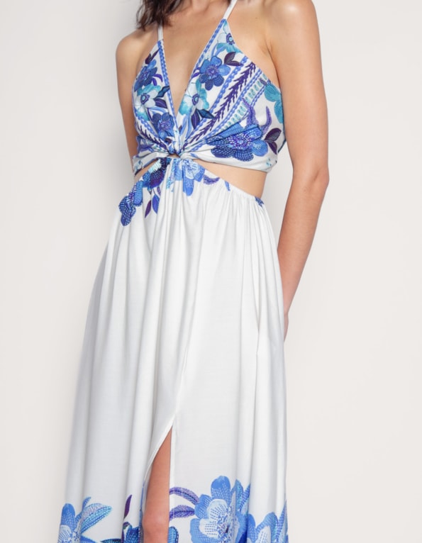 Vestido longo cut estampado Off white/azul medio