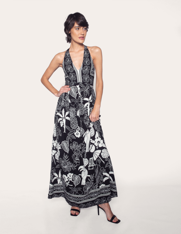 Vestido longo decote v estampado Tropical mono preto